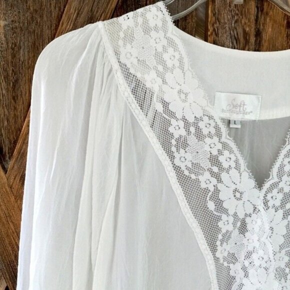 Soft Surroundings Blouse Top Sz L White Lace Trim Flounce Sleeve V-Neck Feminine - Picture 3 of 13